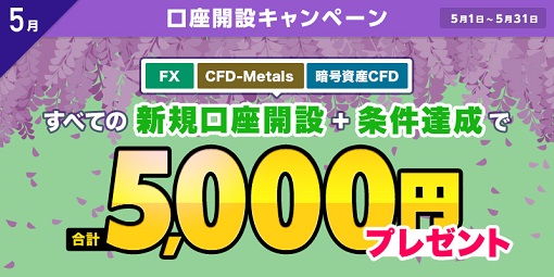 新規口座開設と条件達成で合計5,000円プレゼント！5月の口座開設キャンペーン