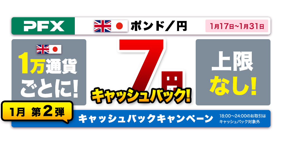 PFX ポンド/円キャッシュバックキャンペーン 1月第2弾(2022年)
