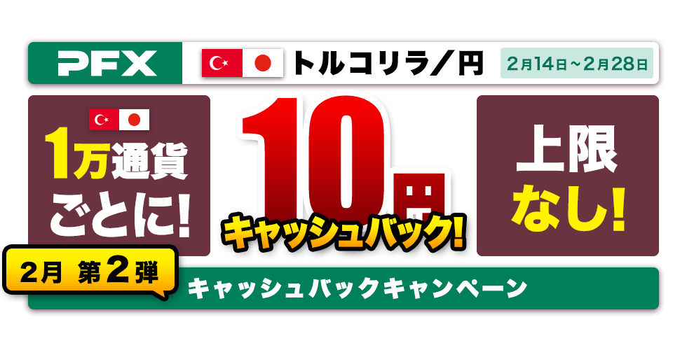PFX トルコリラ/円キャッシュバックキャンペーン 2月第2弾(2022年)