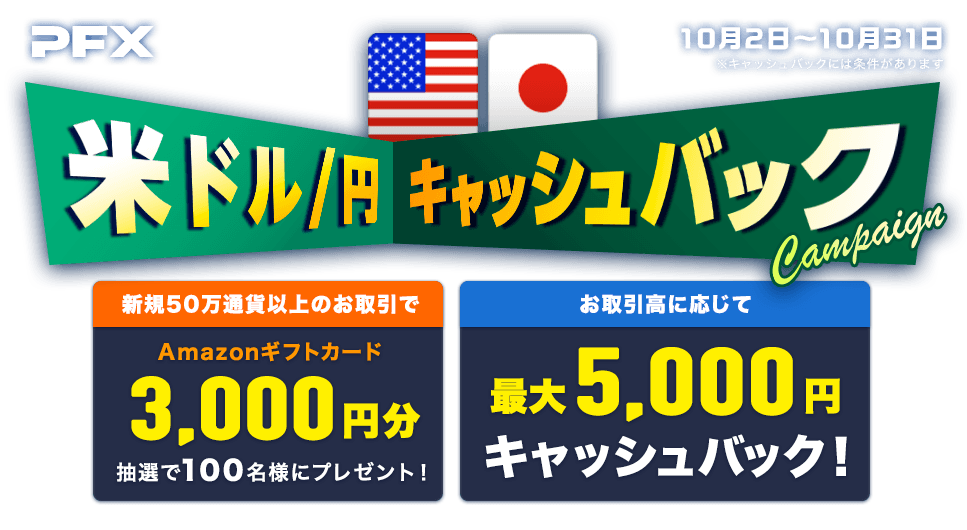 PFX 米ドル/円キャッシュバックキャンペーン(2023年10月)