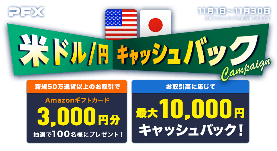 PFX 米ドル/円キャッシュバックキャンペーン(2023年11月)