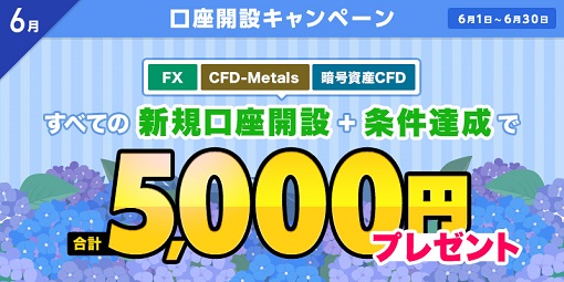 新規口座開設と条件達成で合計5,000円プレゼント！6月の口座開設キャンペーン