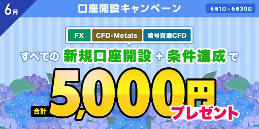 新規口座開設と条件達成で合計5,000円プレゼント!6月の口座開設キャンペーン