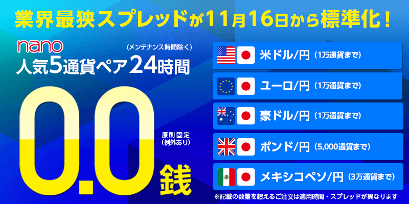 業界初（※）の最狭スプレッド『24時間0.0銭』が米ドル/円・ポンド/円はじめ5通貨ペアで標準化！