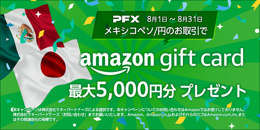 メキシコペソ/円のお取引で最大5,000円分のAmazonギフト券プレゼントキャンペーン実施のご案内