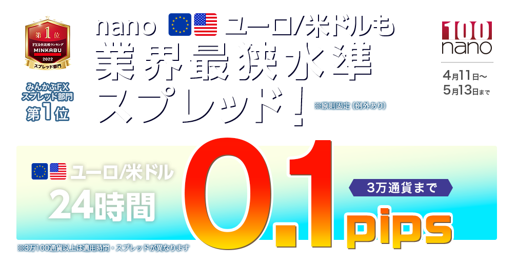 nanoスプレッド縮小キャンペーン　ユーロ/米ドル 業界最狭水準！